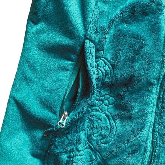 LL Bean Teal Green Fleece Full Zip Jacket Floral Front Pocket Size Medium - Picture 3 of 9